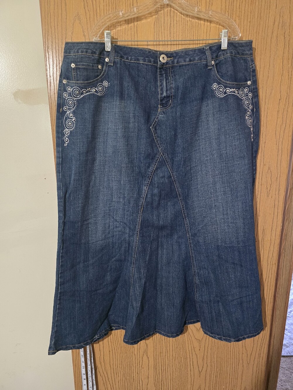 Dark Wash Denim Skirt with White/Silver  Beadwork